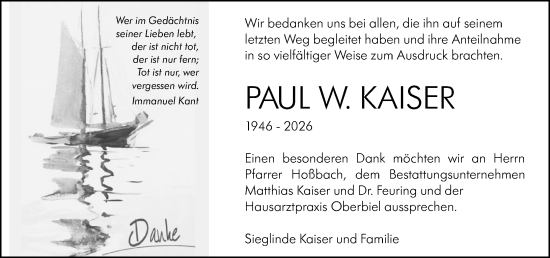 Traueranzeige von Paul W. Kaiser von Wetzlarer Neue Zeitung