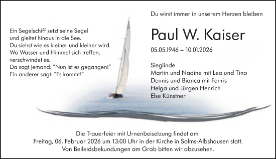 Traueranzeige von Paul W. Kaiser von Wetzlarer Neue Zeitung