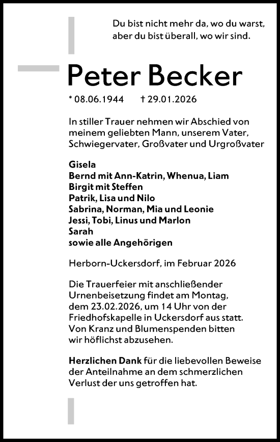 Traueranzeige von Peter Becker von Dill Block