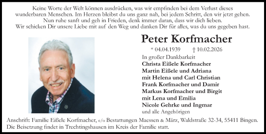 Traueranzeige von Peter Korfmacher von Binger-/Ingelheimer Wochenblatt