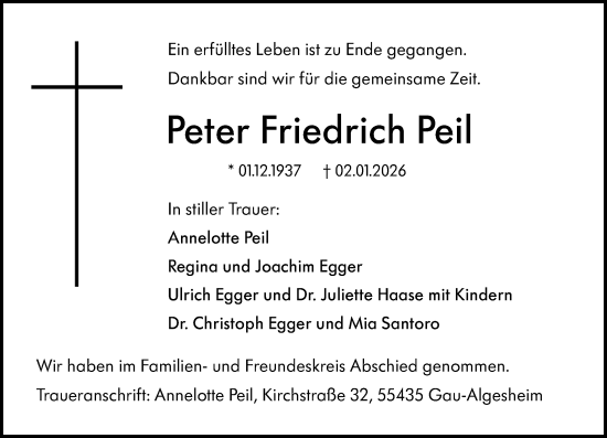 Traueranzeige von Peter Friedrich Peil von Allgemeine Zeitung Rheinhessen-Nahe