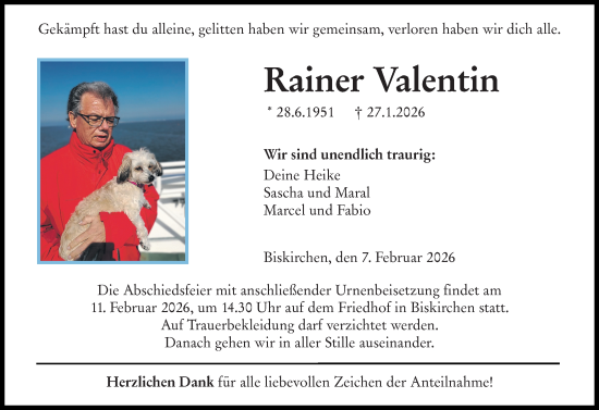 Traueranzeige von Rainer Valentin von Wetzlarer Neue Zeitung