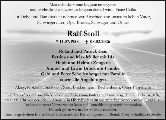 Traueranzeige von Ralf Stoll von Allgemeine Zeitung Alzey