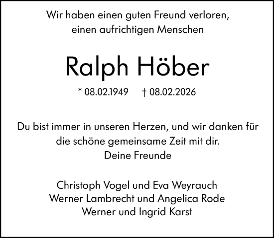 Traueranzeige von Ralph Höber von Wiesbadener Kurier