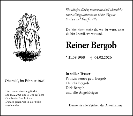 Traueranzeige von Reiner Bergob von Wetzlarer Neue Zeitung