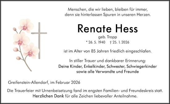Traueranzeige von Renate Hess von Wetzlarer Neue Zeitung