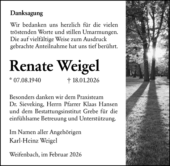 Traueranzeige von Renate Weigel von Hinterländer Anzeiger