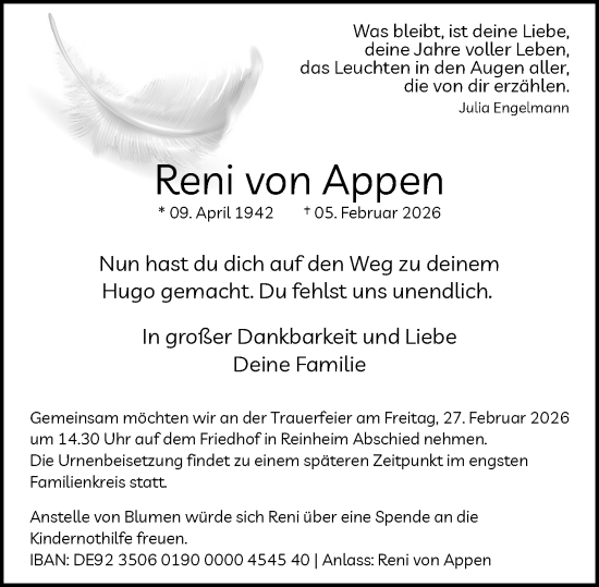 Traueranzeige von Reni von Appen von Darmstädter Echo