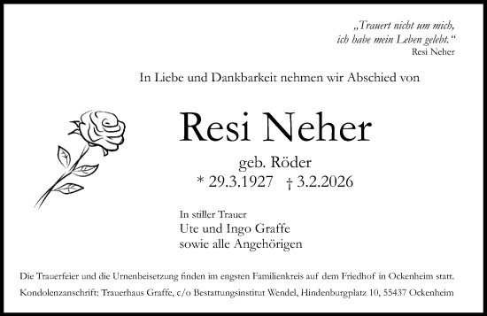 Traueranzeige von Resi Neher von Allgemeine Zeitung Rheinhessen-Nahe