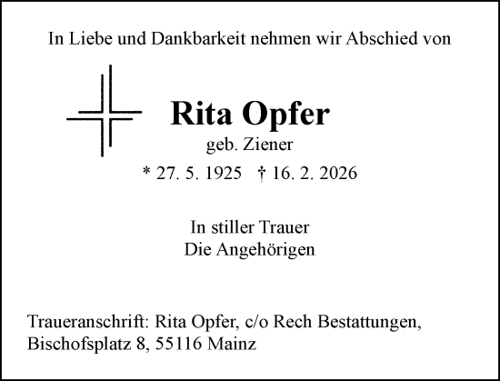 Traueranzeige von Rita Opfer von Allgemeine Zeitung Mainz