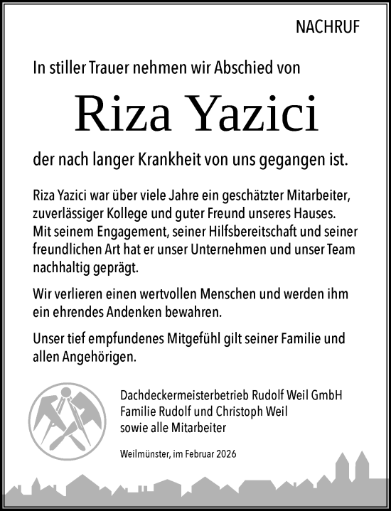 Traueranzeige von Riza Yazici von Weilburger Tageblatt
