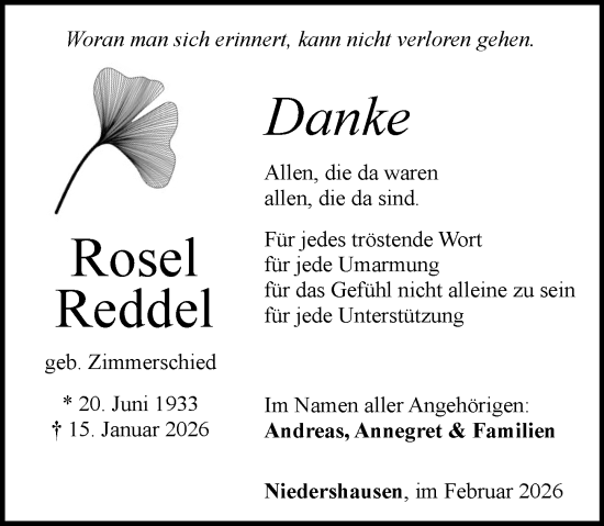 Traueranzeige von Rosel Reddel von Weilburger Tageblatt