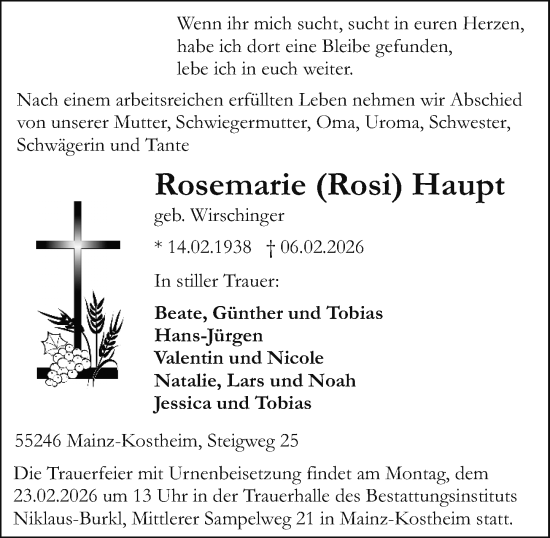 Traueranzeige von Rosemarie Haupt von Hochheimer Zeitung