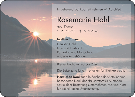 Traueranzeige von Rosemarie Hohl von Weilburger Tageblatt
