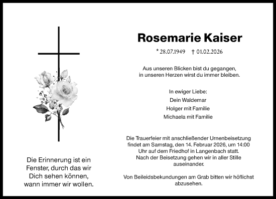 Traueranzeige von Rosemarie Kaiser von Weilburger Tageblatt