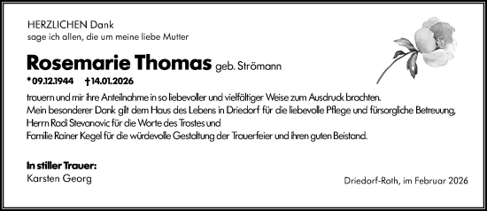 Traueranzeige von Rosemarie Thomas von Dill Block