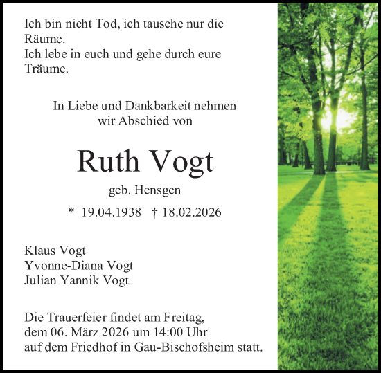 Traueranzeige von Ruth Vogt von Allgemeine Zeitung Mainz
