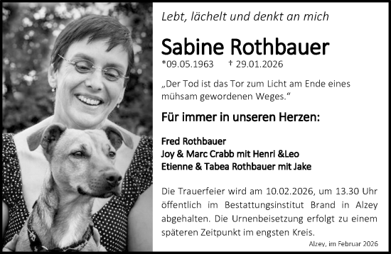 Traueranzeige von Sabine Rothbauer von Allgemeine Zeitung Alzey