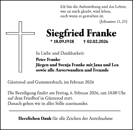 Traueranzeige von Siegfried Franke von Hinterländer Anzeiger