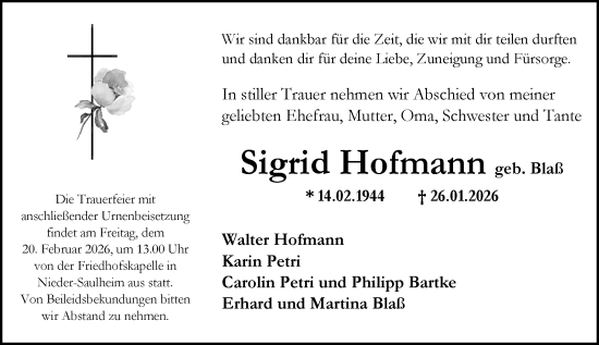 Traueranzeige von Sigrid Hofmann von Allgemeine Zeitung Mainz