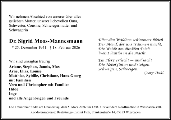 Traueranzeige von Sigrid Moos-Mannesmann von Wiesbadener Kurier