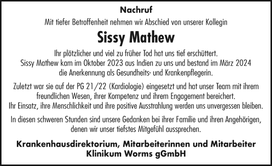 Traueranzeige von Sissy Mathew von Wormser Zeitung