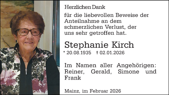 Traueranzeige von Stephanie Kirch von Allgemeine Zeitung Mainz
