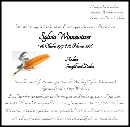 Traueranzeige von Sylvia Winnewisser von Wiesbadener Kurier