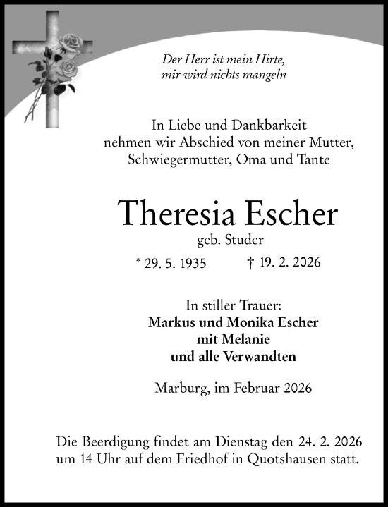 Traueranzeige von Theresia Escher von Hinterländer Anzeiger