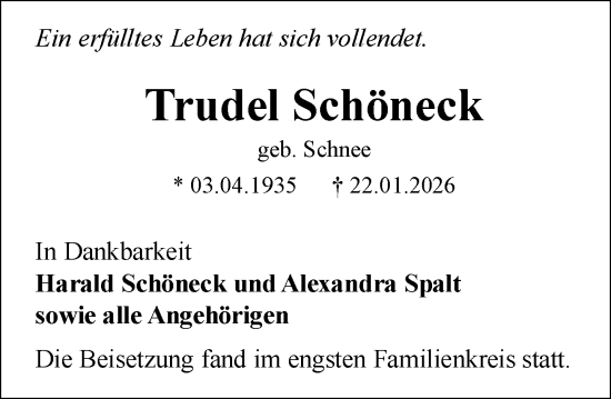 Traueranzeige von Trudel Schöneck von Allgemeine Zeitung Mainz