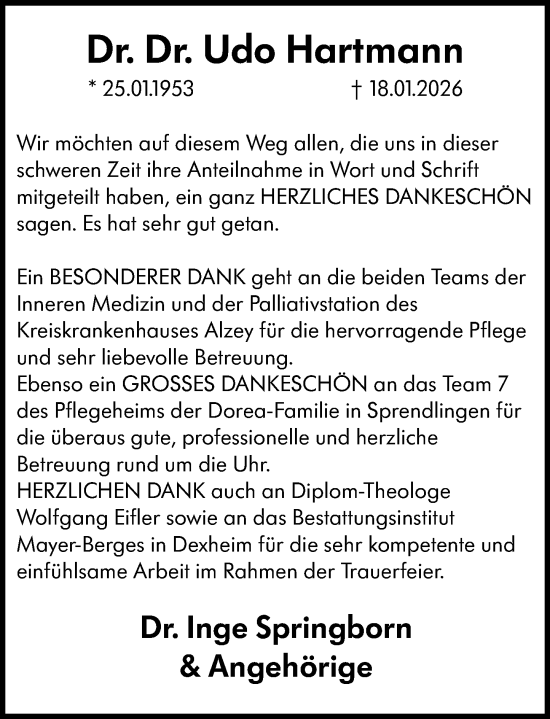 Traueranzeige von Udo Hartmann von Allgemeine Zeitung Alzey