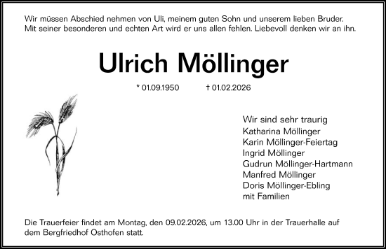 Traueranzeige von Ulrich Möllinger von Wormser Zeitung