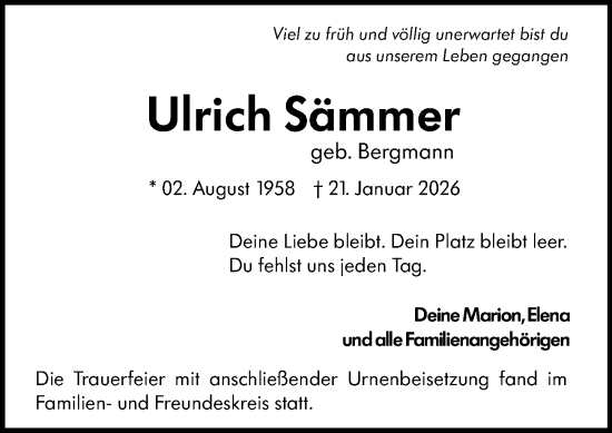 Traueranzeige von Ulrich Sämmer von Allgemeine Zeitung Mainz