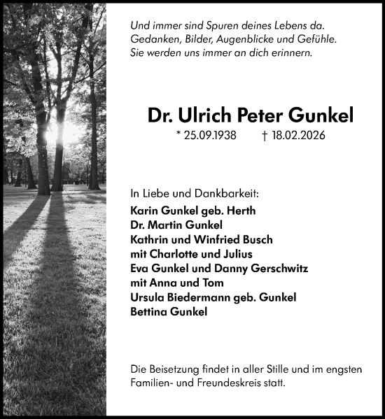 Traueranzeige von Ulrich Peter Gunkel von Darmstädter Echo