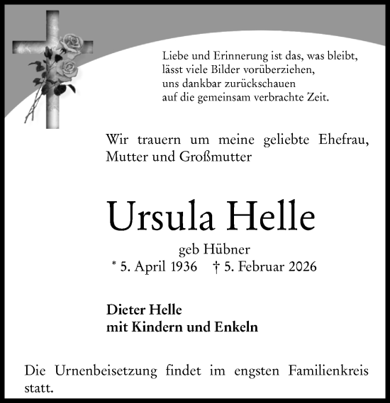Traueranzeige von Ursula Helle von Hochheimer Zeitung