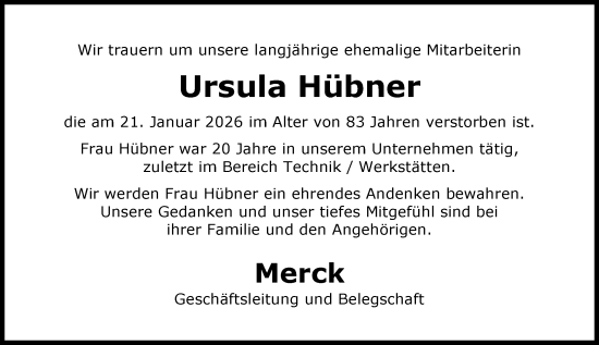 Traueranzeige von Ursula Hübner von Darmstädter Echo