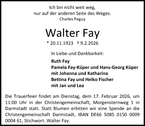 Traueranzeige von Walter Fay von Darmstädter Echo