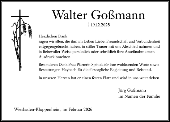 Traueranzeige von Walter Goßmann von Wiesbadener Kurier
