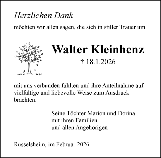 Traueranzeige von Walter Kleinhenz von Rüsselsheimer Echo