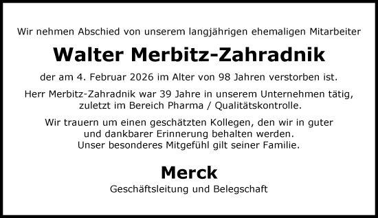 Traueranzeige von Walter Merbitz-Zahradnik von Darmstädter Echo