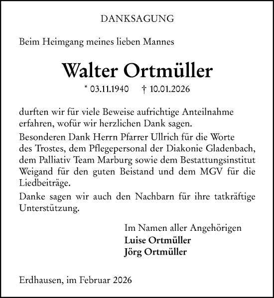 Traueranzeige von Walter Ortmüller von Hinterländer Anzeiger