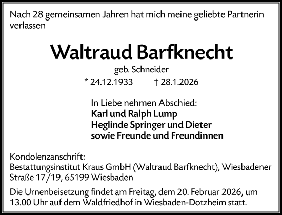 Traueranzeige von Waltraud Barfknecht von Wiesbadener Kurier
