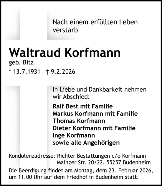 Traueranzeige von Waltraud Korfmann von Allgemeine Zeitung Mainz