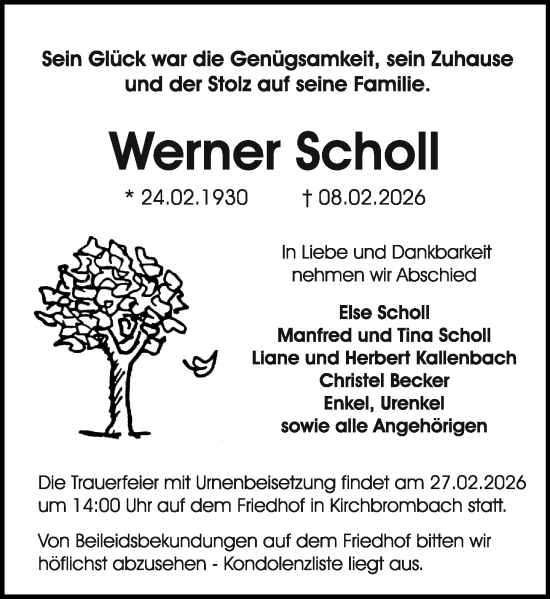 Traueranzeige von Werner Scholl von Odenwälder Echo