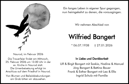 Traueranzeige von Wilfried Bangert von Wiesbadener Kurier