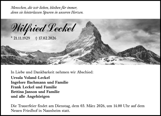 Traueranzeige von Wilfried Leckel von Wetzlarer Neue Zeitung