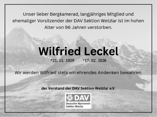 Traueranzeige von Wilfried Leckel von Wetzlarer Neue Zeitung