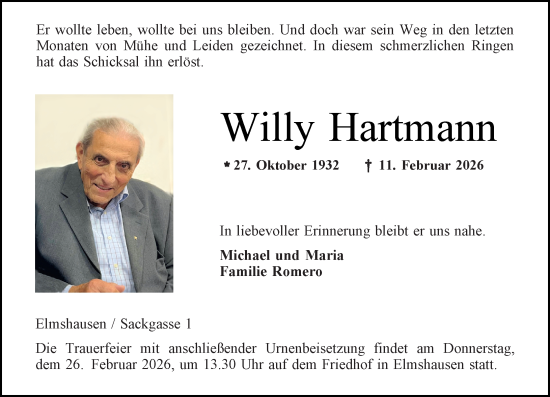 Traueranzeige von Willy Hartmann von Starkenburger Echo