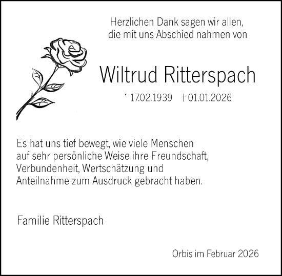 Traueranzeige von Wiltrud Ritterspach von Allgemeine Zeitung Alzey