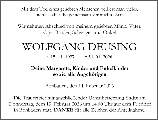 Traueranzeige von Wolfgang Deusing von Wetzlarer Neue Zeitung